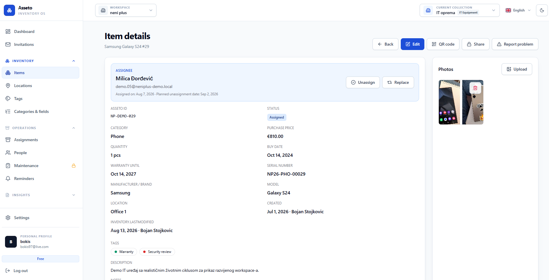 Detailed equipment record in the Asseto application